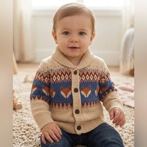 JOE FRESH Cozy Knit Brown and Blue Buttoned Cardigan Sweater with Fox Print